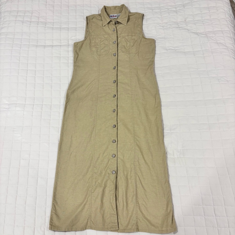 Bill Blass Vintage Sleeveless Maxi Dress Linen Blend Button-Down Tan Large
